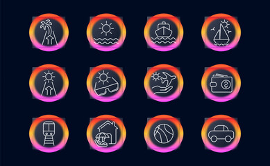 Obraz premium Summer travel set icon. Shows sunglasses, palm, cruise ship, airplane, beach house, wallet, coin, volleyball, train, sailboat, and sun-related destination symbols.