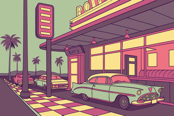 Illustration of a retro diner with classic cars parked outside and palm trees in the background scene view