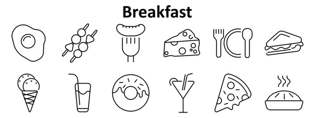Breakfast set icon. Includes fried egg, skewers, sausage, cheese wedge, plate with cutlery, sandwich, ice cream cone, juice, donut, cocktail, pizza slice, hot pie.