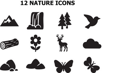 Flat jungle wildlife and plant icon set