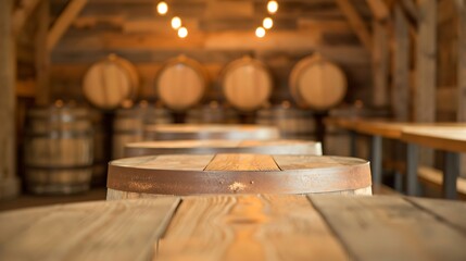 Rustic wooden barrels in a warmly lit distillery or brewery
