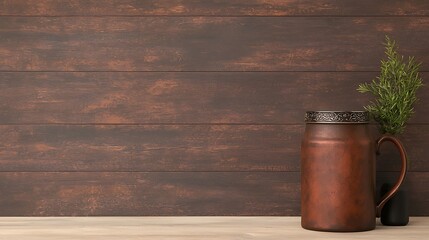Naklejka premium Rustic leather tankard with greenery against wooden background