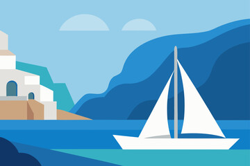 Naklejka premium Modern flat illustration of a sailboat near a coastal village