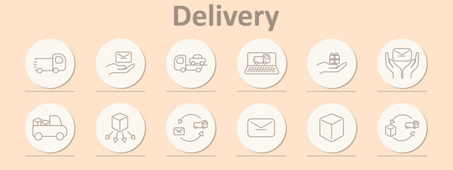 Delivery set icon. Truck, hand with envelope, car trailer, laptop with vehicle, gift, hands with envelope, truck with boxes, arrows from box, envelope, rotate icon, cycle with truck