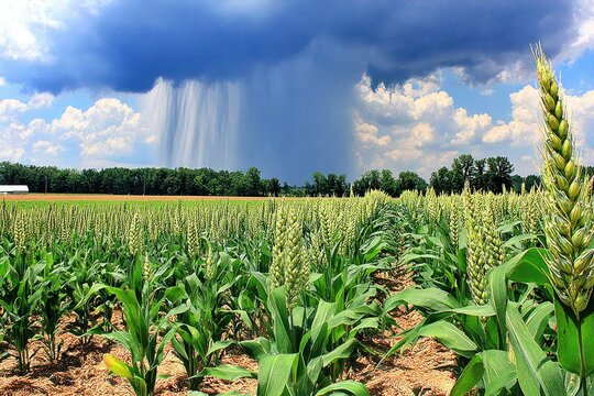 A field of young green crops under a stormy sky - Powered by Adobe