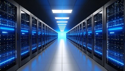 Futuristic Server Room with Blue Neon Lights and Data Storage Racks.