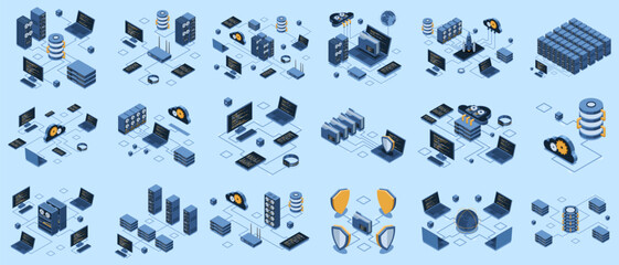 Set of isometric modern technology concept for cloud computing, datacenter, database, artificial intelligence, and blockchain technology. Isometric technology