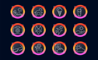 Naklejka premium Summer and vacation set icon. Includes sun lounger, ice cream, drink, swimsuit, airplane, sunglasses, lotion, plant, bag, car, cloud, and sunshine-themed objects.