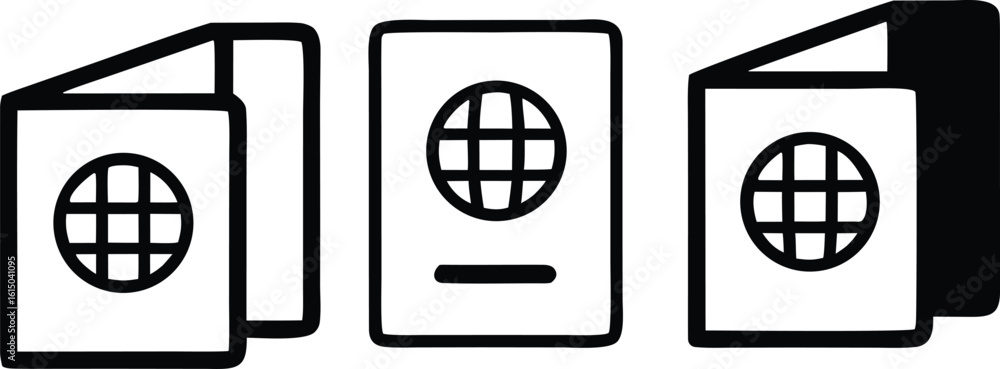 Aufkleber black passport icons with globe symbol and horizontal line travel document vector bundle collection 