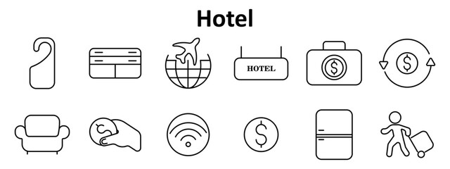 Hotel set icon. Includes door hanger, credit card, globe with airplane, hotel signboard, suitcase, currency exchange, armchair, towel, wifi signal, dollar coin, fridge, traveler