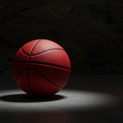 Uniquely red basketball, brightly lit, contrasting with the deep shadows of the wall and floor, embodying the game
