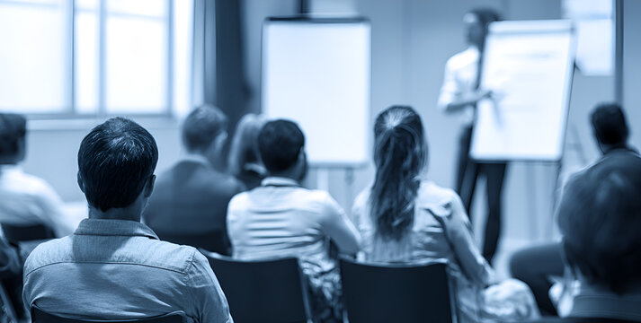 Audience at a Business Presentation Back View Blue Toned.