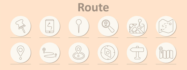 Route set icon. Pin, smartphone with path, map pointer, magnifier with pin, map with check, treasure map, location mark, path curve, locator, compass, direction sign, map with route bars.