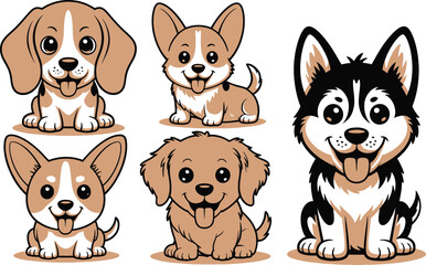 Obraz premium Group of five cute cartoon puppies dogs illustration