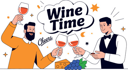 Illustration of two men toasting glasses of wine with cheese and grapes on a white background