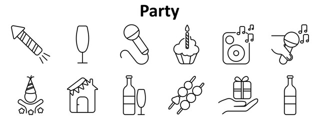 Party set icon. Includes firework, wine glass, microphone, cupcake with candle, speaker, performer with notes, clown, party house, drink bottles, skewers, gift box in hand.