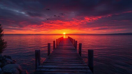 Fototapeta premium Fiery sunset pier tranquil waters