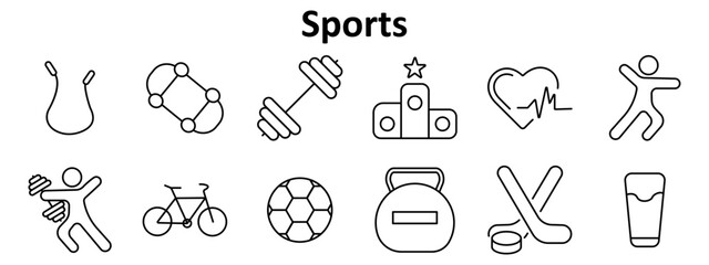 Sports set icon. Includes jump rope, strategy diagram, barbell, podium, heartbeat, athlete, dumbbell lifter, bicycle, soccer ball, kettlebell, hockey gear, sports bottle.