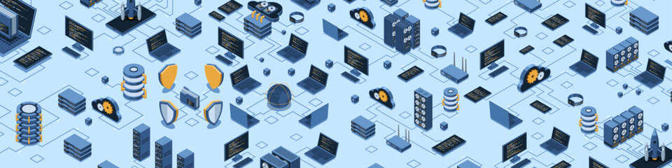 Isometric data network management. Cloud storage data and synchronization of devices. Networking, database, cloud storage. Isometric technology