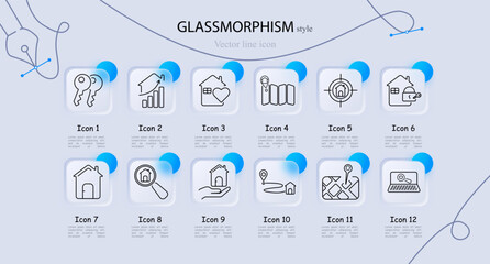 Real estate set icon. Keys, chart, heart, location marker, house in target, key, magnifier on house, hand, route, map pin