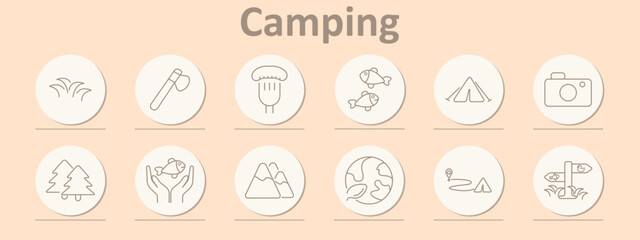 Camping set icon. Tent, fish, fire, trees, axe, trail marker, earth, mountain, camera, and leaf icons depict nature exploration using outlined elements and earthy visual tones
