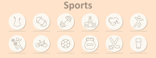 Sports set icon. Jump rope, network nodes, dumbbell, podium, heart pulse, athlete, weightlifter, bicycle, soccer ball, kettlebell, hockey stick, sports drink shown