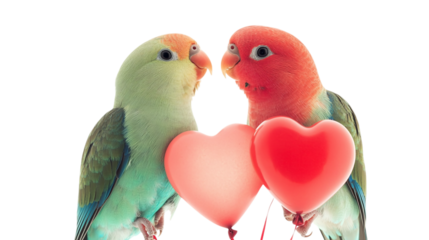 • A pair of Valentine's Day lovebirds with heart-shaped balloons, isolated on white background in HD 