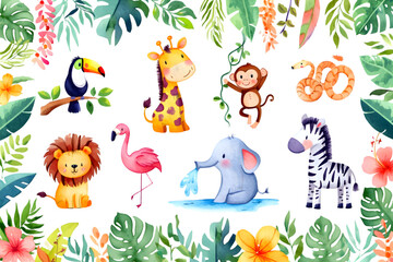 Jungle animals toucan giraffe monkey lion flamingo elephant zebra snake tropical foliage image