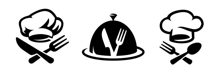 Food service concept. Chef hat with fork and spoon, knife emblem. Tray with lid. Symbols for restaurant or cafe menu