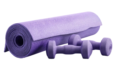 Rolled purple exercise mat and dumbbells