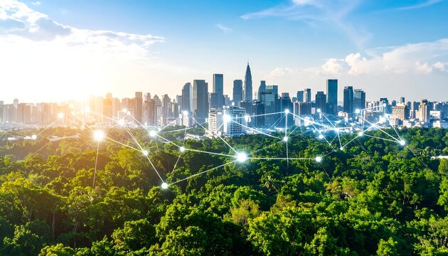 Lush green park contrasts with a modern city skyline, interconnected by a network of glowing nodes