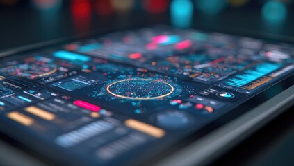Close-up of a futuristic tablet displaying complex data visualizations
