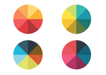 Four circular color palettes, each divided into sections of different hues, arranged in a grid