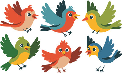 Obraz premium Six Cartoon Birds in Various Poses illustration flying