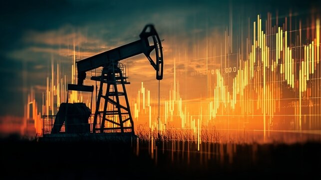 Oil Pump Jack Silhouetted Against Financial Charts, Symbolizing Investment and Economic Analysis