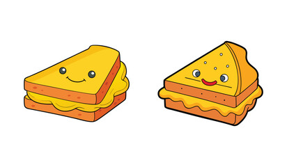 Two cheerful grilled cheese sandwiches with happy faces presented isolated on white background