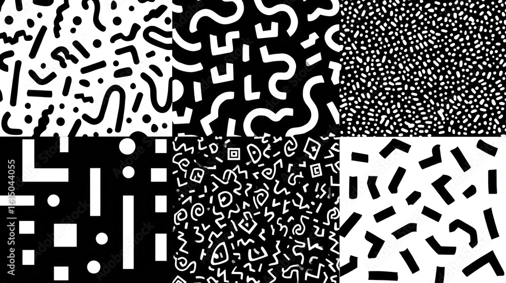 Poster geometric abstract textures: a collection of six bold, abstract patterns in black and white, offerin