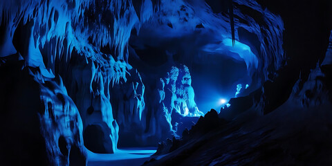 Mysterious Blue-Lit Cave with Stalactites and Stalagmites


