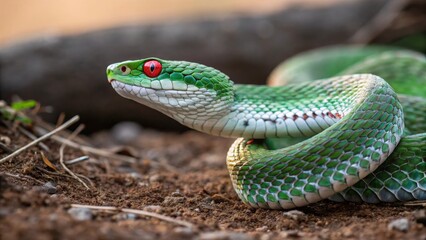 Fototapeta premium Vivid Green Snake With Distinct Red Eyes Lying on the Ground