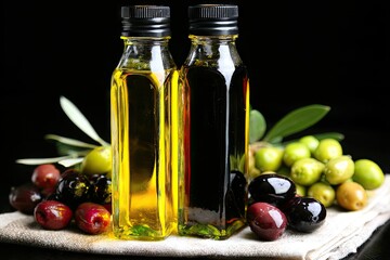 Two small bottles of olive oil and balsamic vinegar, surrounded by olives and olive branches on a light-colored cloth