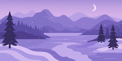 Flat vector winter night landscape with snowy trees, mountains, frozen lake, crescent moon, and falling snow. Tranquil purple scenery perfect for seasonal cards, backgrounds, and web design.
