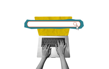 Collage art of a hand searching on a laptop. Modern, digital, creative style. Great for use in tech-related projects, online research themes, digital marketing, editorial design, and social media.