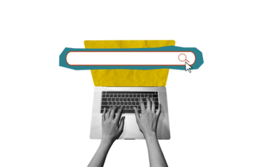 Collage art of a hand searching on a laptop. Modern, digital, creative style. Great for use in tech-related projects, online research themes, digital marketing, editorial design, and social media.