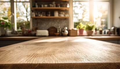 Wooden kitchen countertop, blurred background