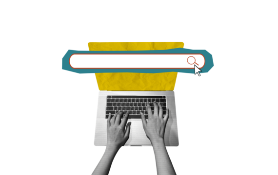 Collage art of a hand searching on a laptop. Modern, digital, creative style. Great for use in tech-related projects, online research themes, digital marketing, editorial design, and social media.