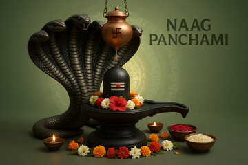 Shiva lingam decorated with five hooded snakes and copper pot dripping water for happy nag panchami spiritual pooja and traditional hindu festival celebration