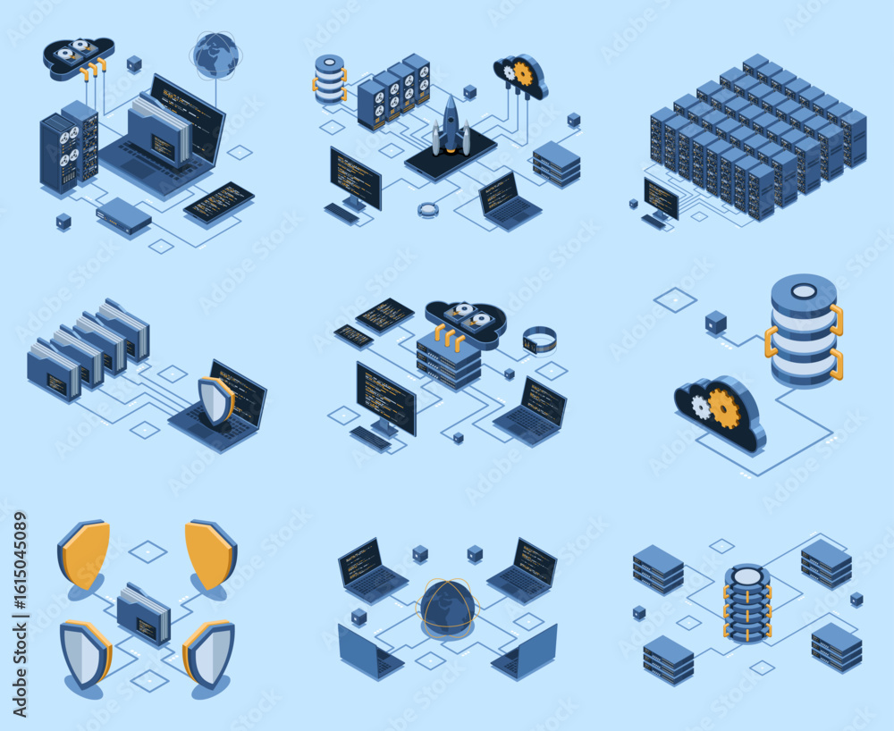 Poster set of isometric modern technology concept for cloud computing, datacenter, database, artificial int