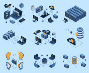 Set of isometric modern technology concept for cloud computing, datacenter, database, artificial intelligence, and blockchain technology. Isometric technology