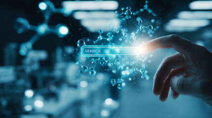 Futuristic search bar interface glowing mid-air in a digital environment, with a human hand reaching out surrounded by abstract molecular structures. ai generative