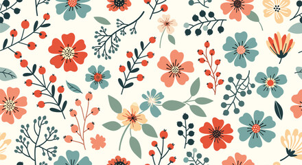 Delicate retro floral botanical garden pattern with scattered petals and leaves